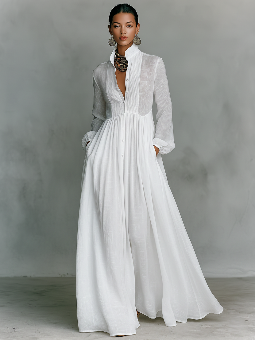 Iseult | Robe Longue Lin Col Montant Boutonnée