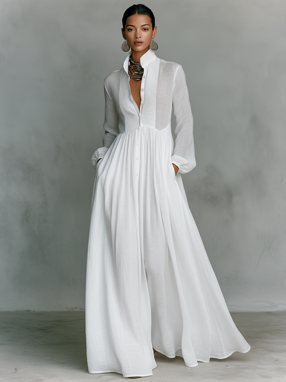 Iseult | Robe Longue Lin Col Montant Boutonnée