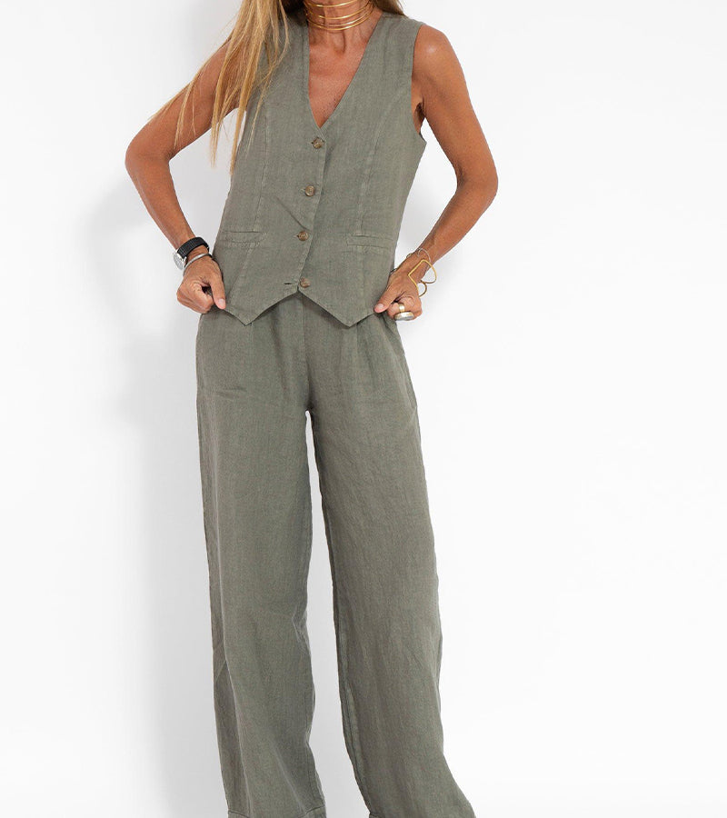 Marceline | Ensemble Lin Gilet Col V Pantalon Large