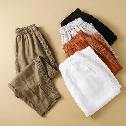 Maelle | Pantalon Coton Lin Brodé Taille Élastique