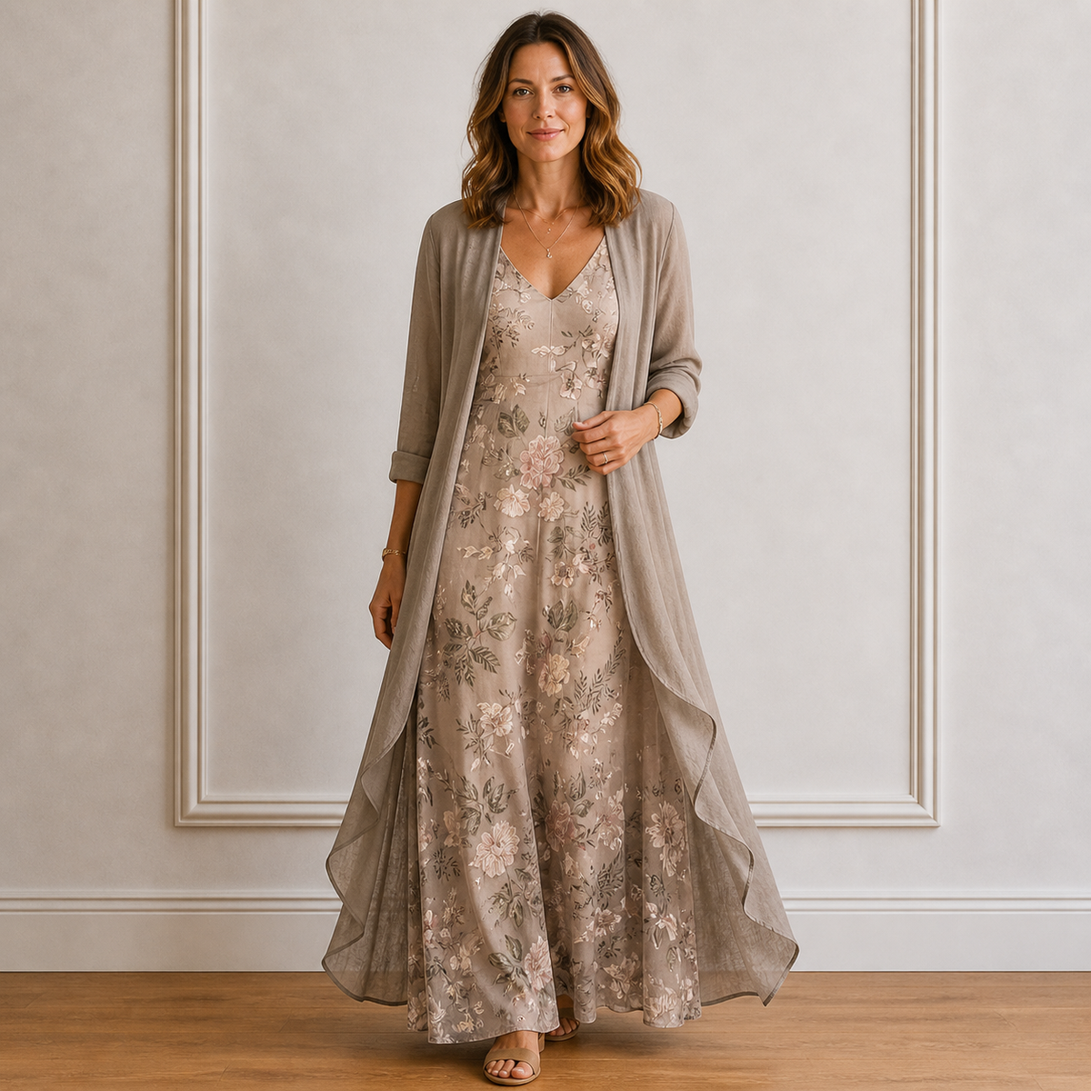 Ensemble robe longue fleurie et gilet assorti