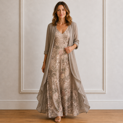 Ensemble robe longue fleurie et gilet assorti