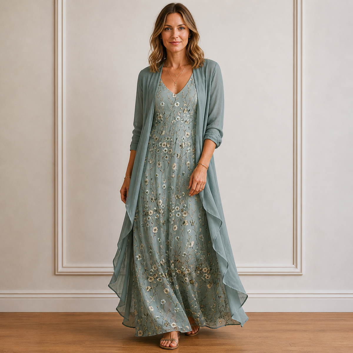 Robe longue fleurie et son gilet coupés dans le même imprimé