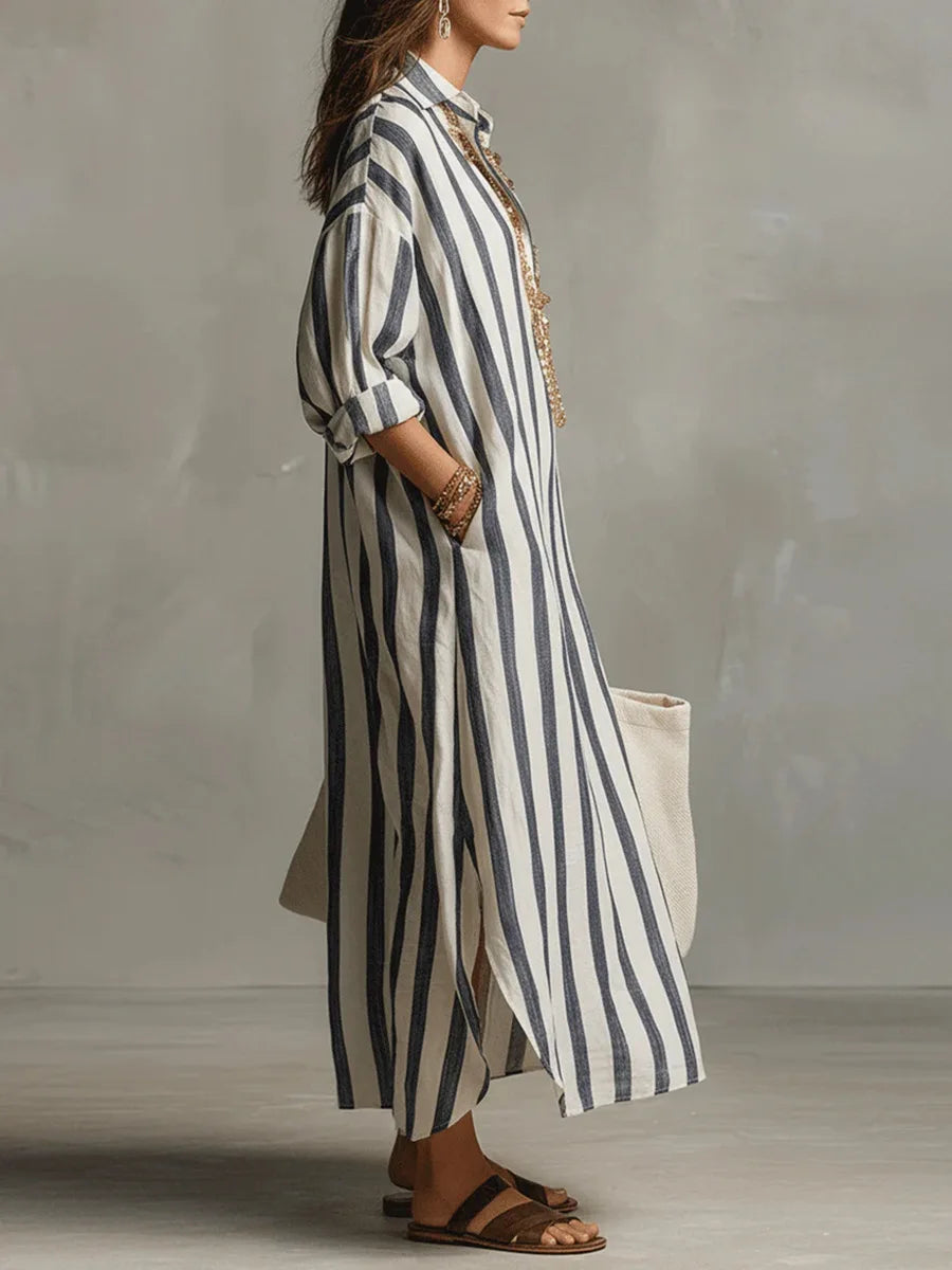 Maugine | Robe Chemise Longue Rayée Col Pointu