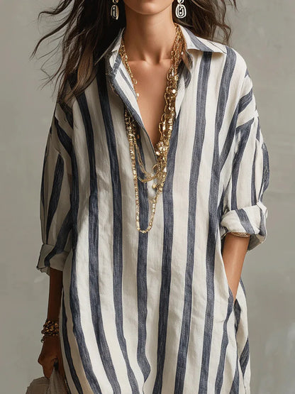 Maugine | Robe Chemise Longue Rayée Col Pointu