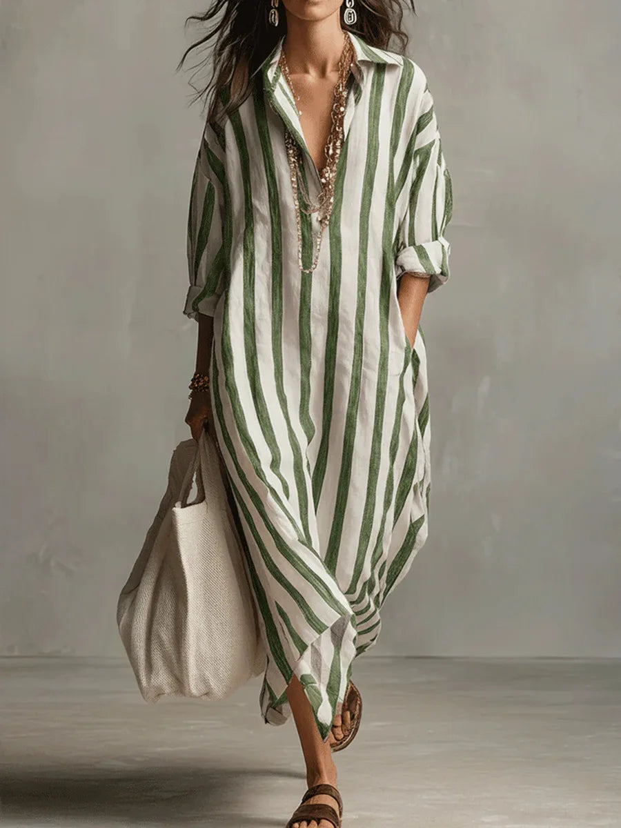 Maugine | Robe Chemise Longue Rayée Col Pointu
