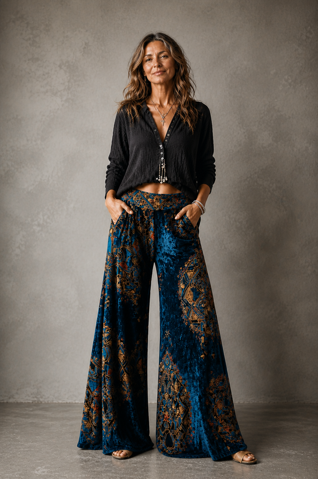 Pantalon large fluide porté avec un haut rentré