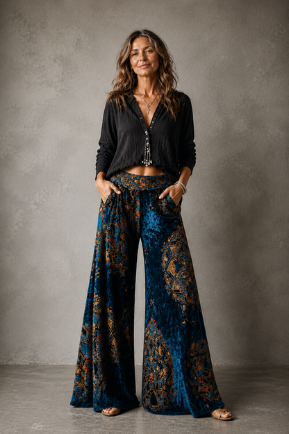 Pantalon large fluide porté avec un haut rentré