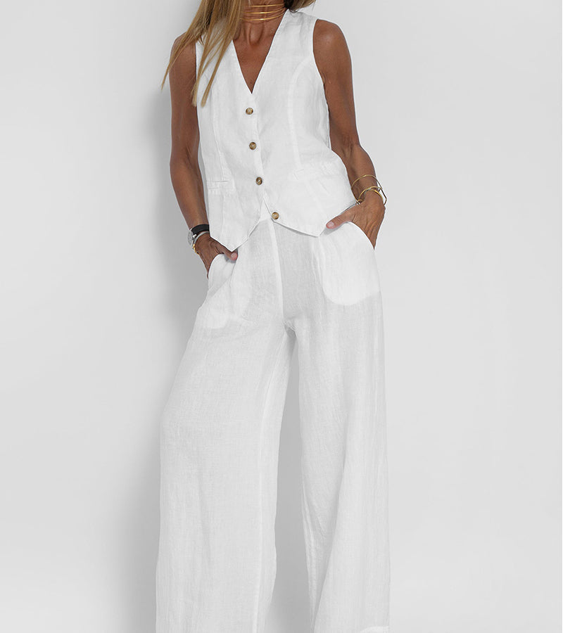 Marceline | Ensemble Lin Gilet Col V Pantalon Large