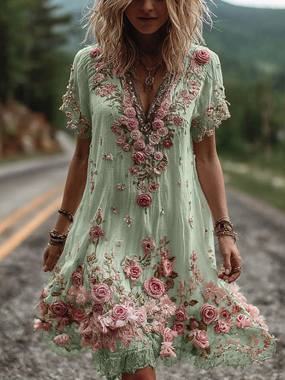 Solange | Robe Brodée Fleurie Col V