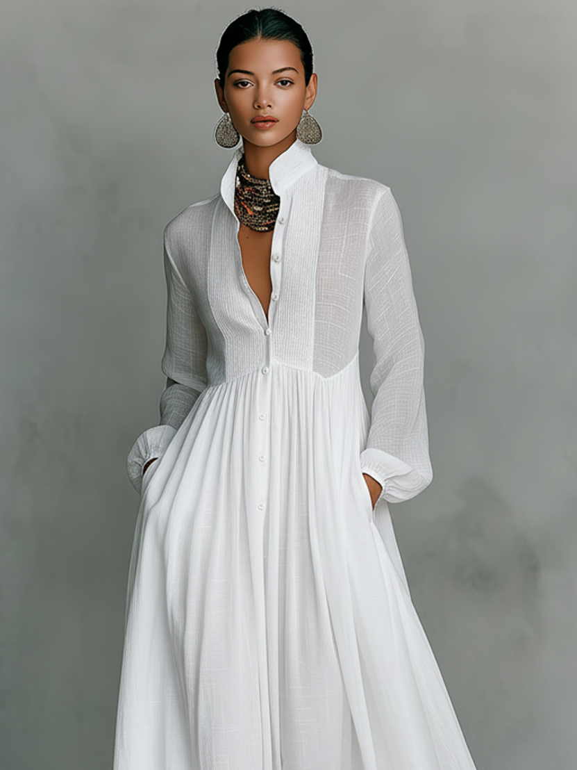 Iseult | Robe Longue Lin Col Montant Boutonnée