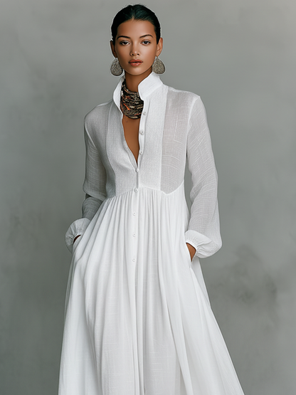 Iseult | Robe Longue Lin Col Montant Boutonnée