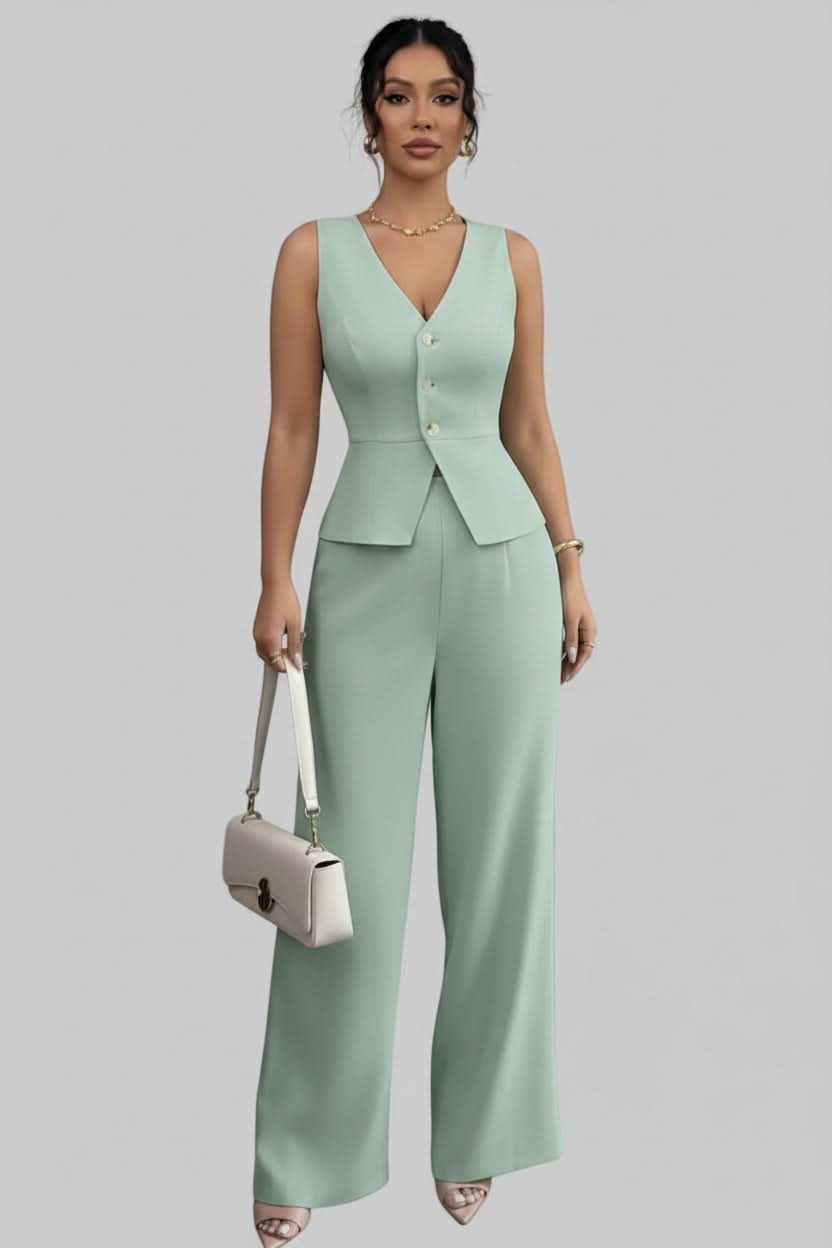 Ensemble femme gilet boutonné et pantalon assorti