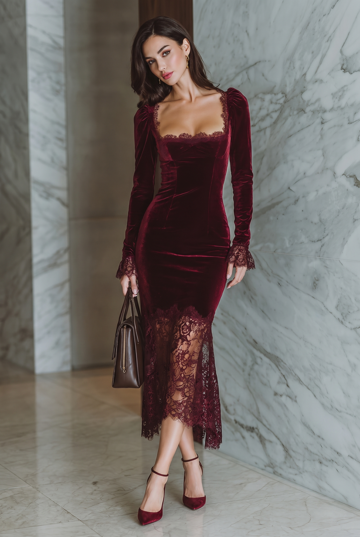 Robe longue femme en velours bordeaux à empiècement de dentelle