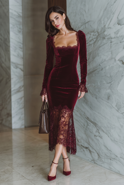 Robe longue femme en velours bordeaux à empiècement de dentelle
