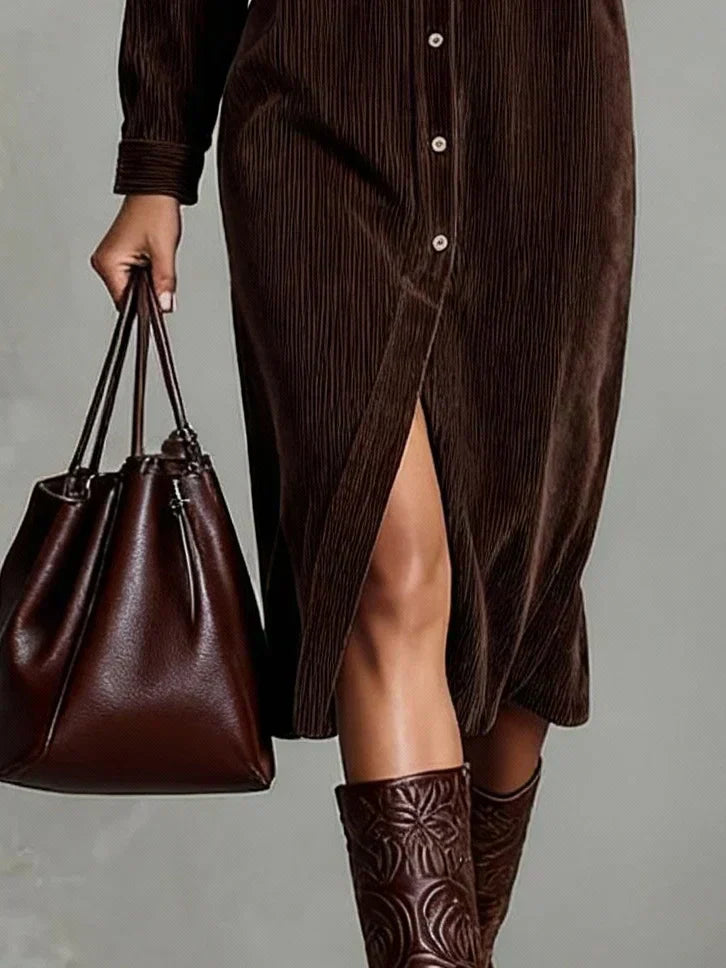 Lucille | Robe Midi Chic Manches Longues à Ourlet Évasé