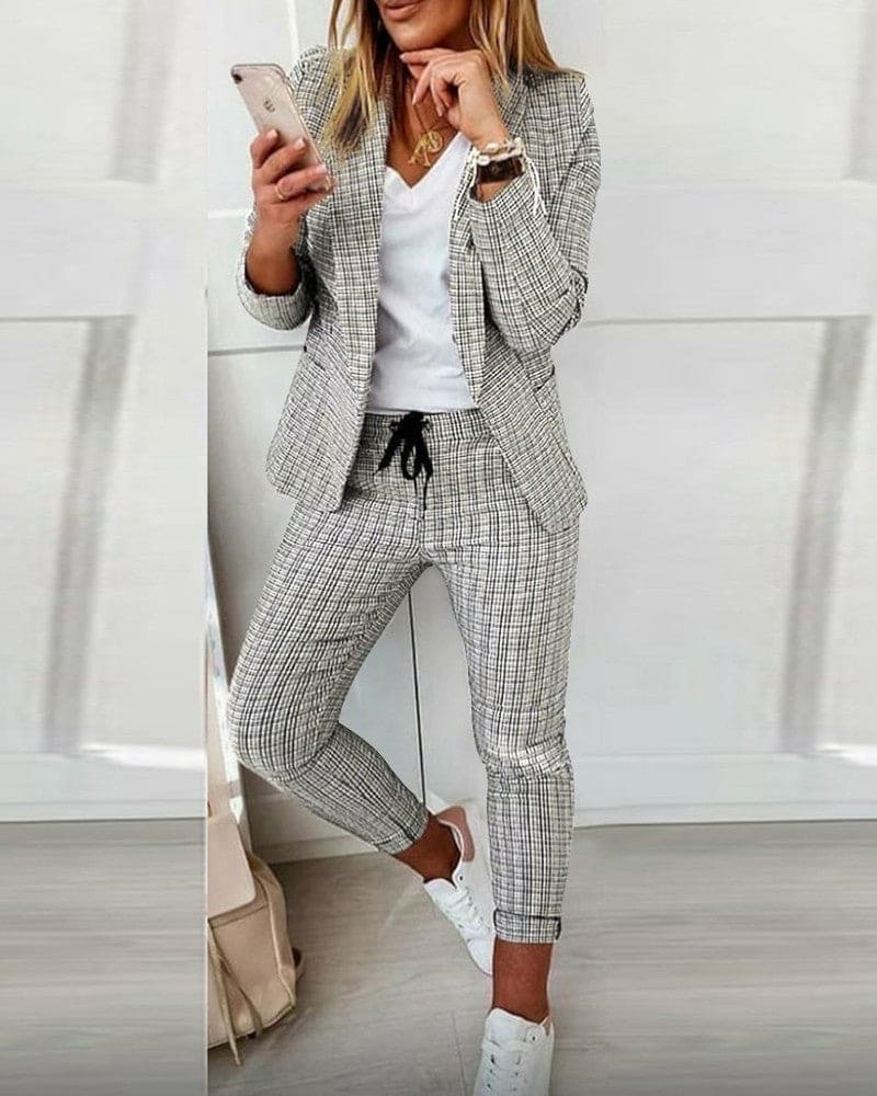 Ensemble femme carreaux fins, pantalon longueur cheville