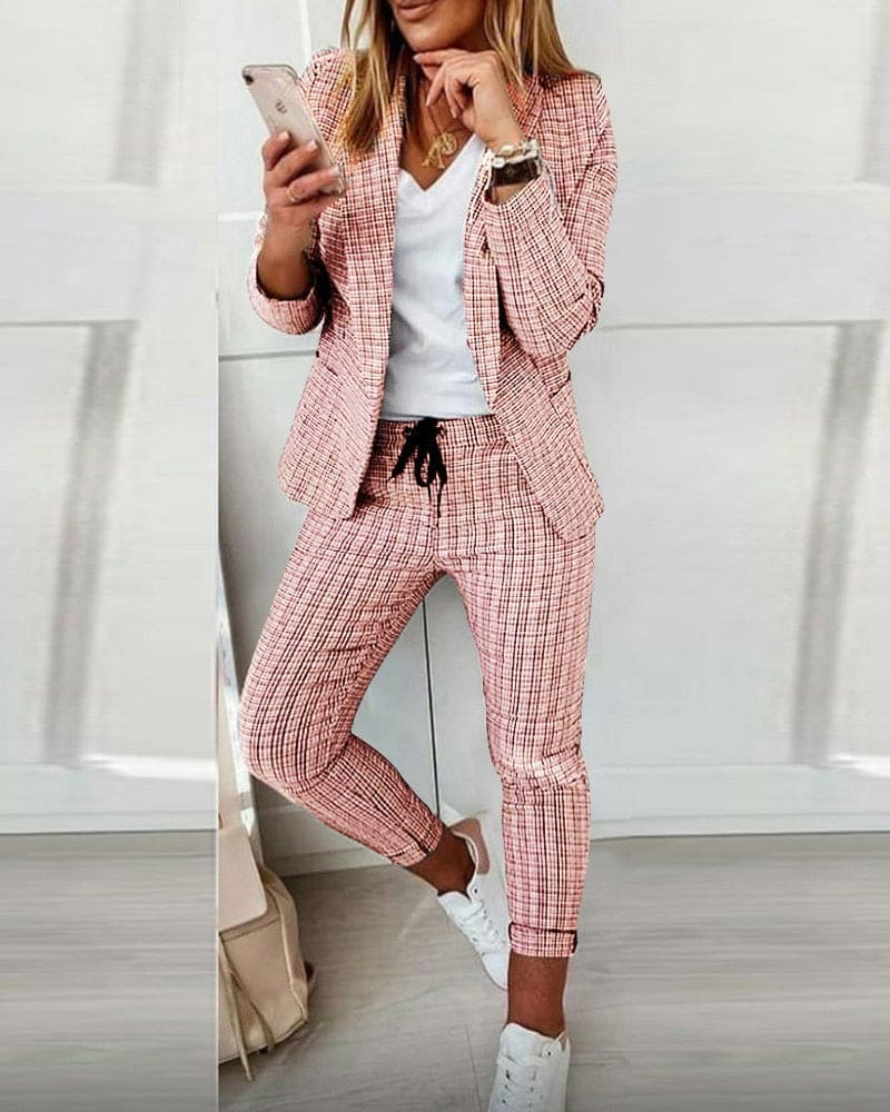 Ensemble blazer carreaux à taille coulissée