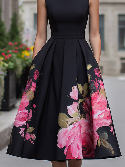 Antoinette | Robe Midi Fleurie Plissée Noire