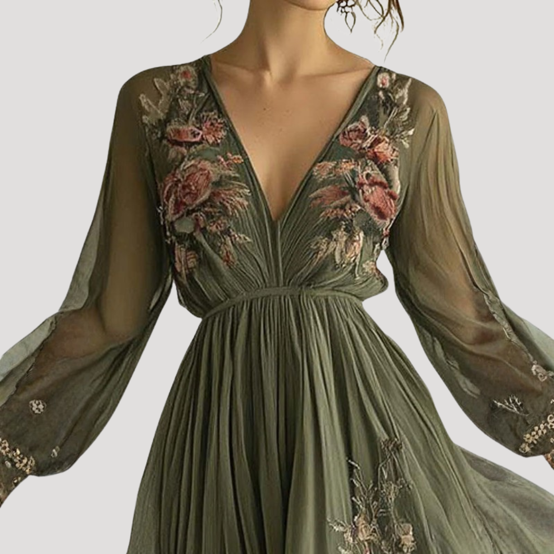 Fauvette | Robe Longue Brodée Fleurie Taille Empire Verte