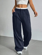 Pantalon large femme rayé à taille haute, coupe fluide