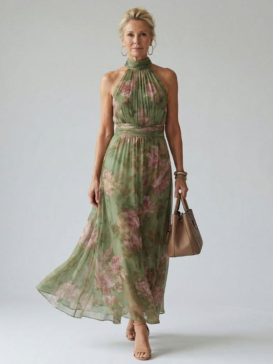 Angélique | Robe Midi Fleurie Col Halter