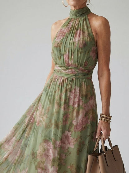 Angélique | Robe Midi Fleurie Col Halter