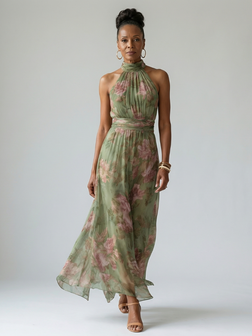 Angélique | Robe Midi Fleurie Col Halter
