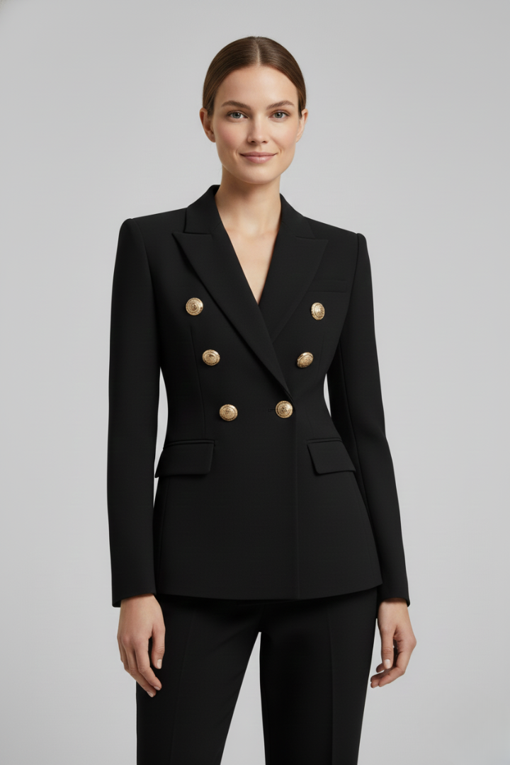 Blazer croisé à six boutons dorés, taille marquée