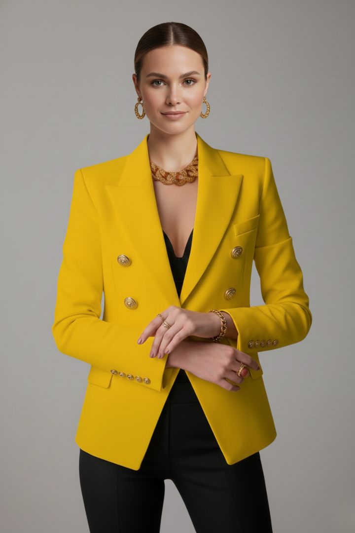 Blazer croisé à six boutons dorés, taille marquée