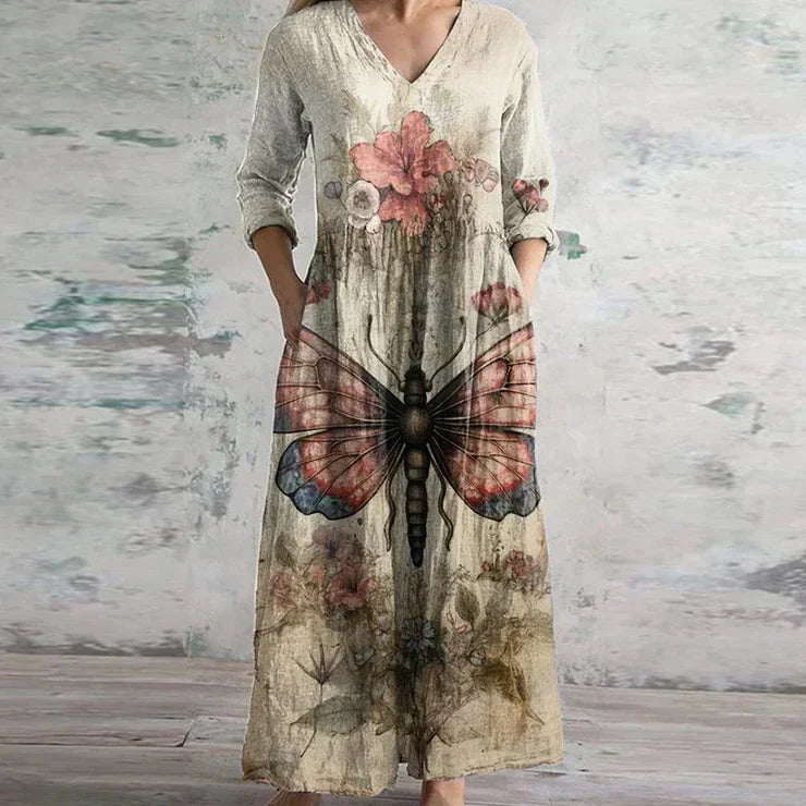 Anaïs | Robe Longue Vintage à Col V et Manches Longues