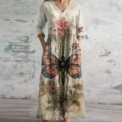 Anaïs | Robe Longue Vintage à Col V et Manches Longues
