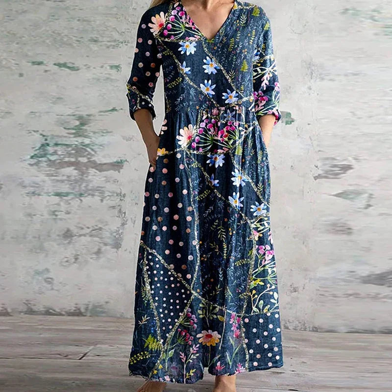 Anaïs | Robe Longue Vintage à Col V et Manches Longues