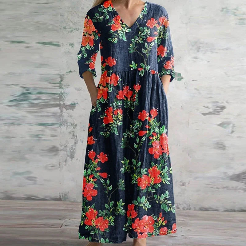 Anaïs | Robe Longue Vintage à Col V et Manches Longues