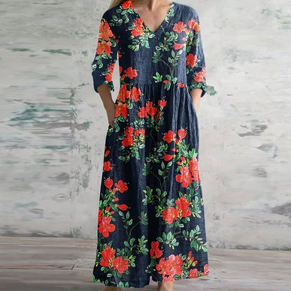 Anaïs | Robe Longue Vintage à Col V et Manches Longues
