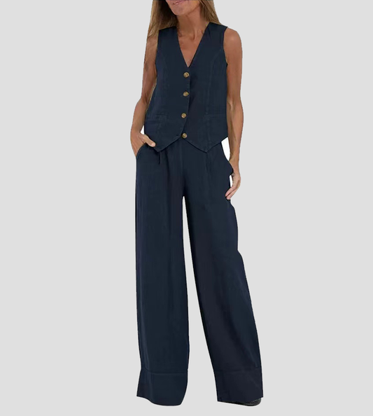Marceline | Ensemble Lin Gilet Col V Pantalon Large