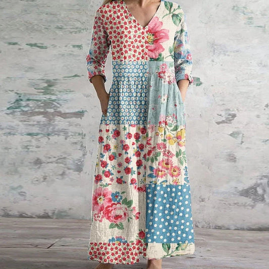 Anaïs | Robe Longue Vintage à Col V et Manches Longues