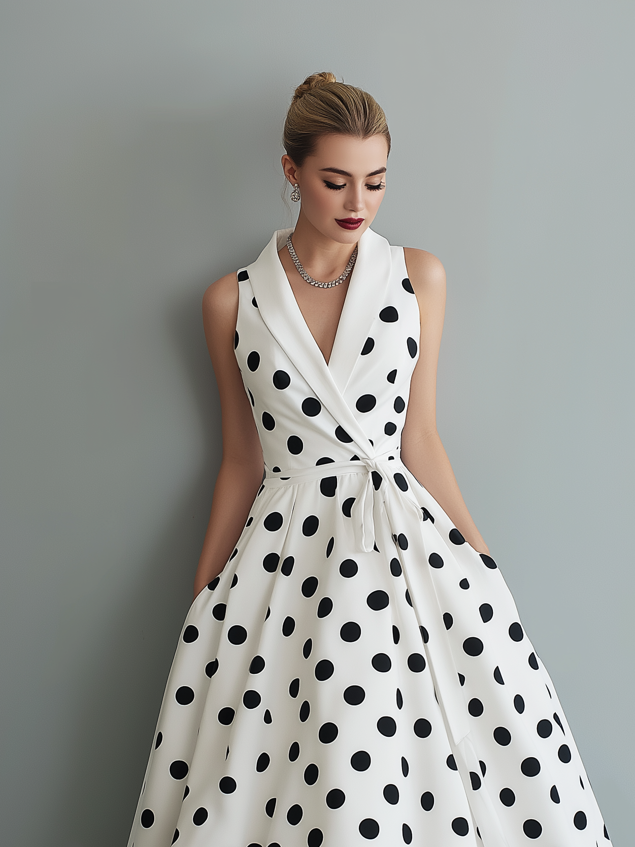 Domitille | Robe Midi Sans Manches à Pois Col Structuré