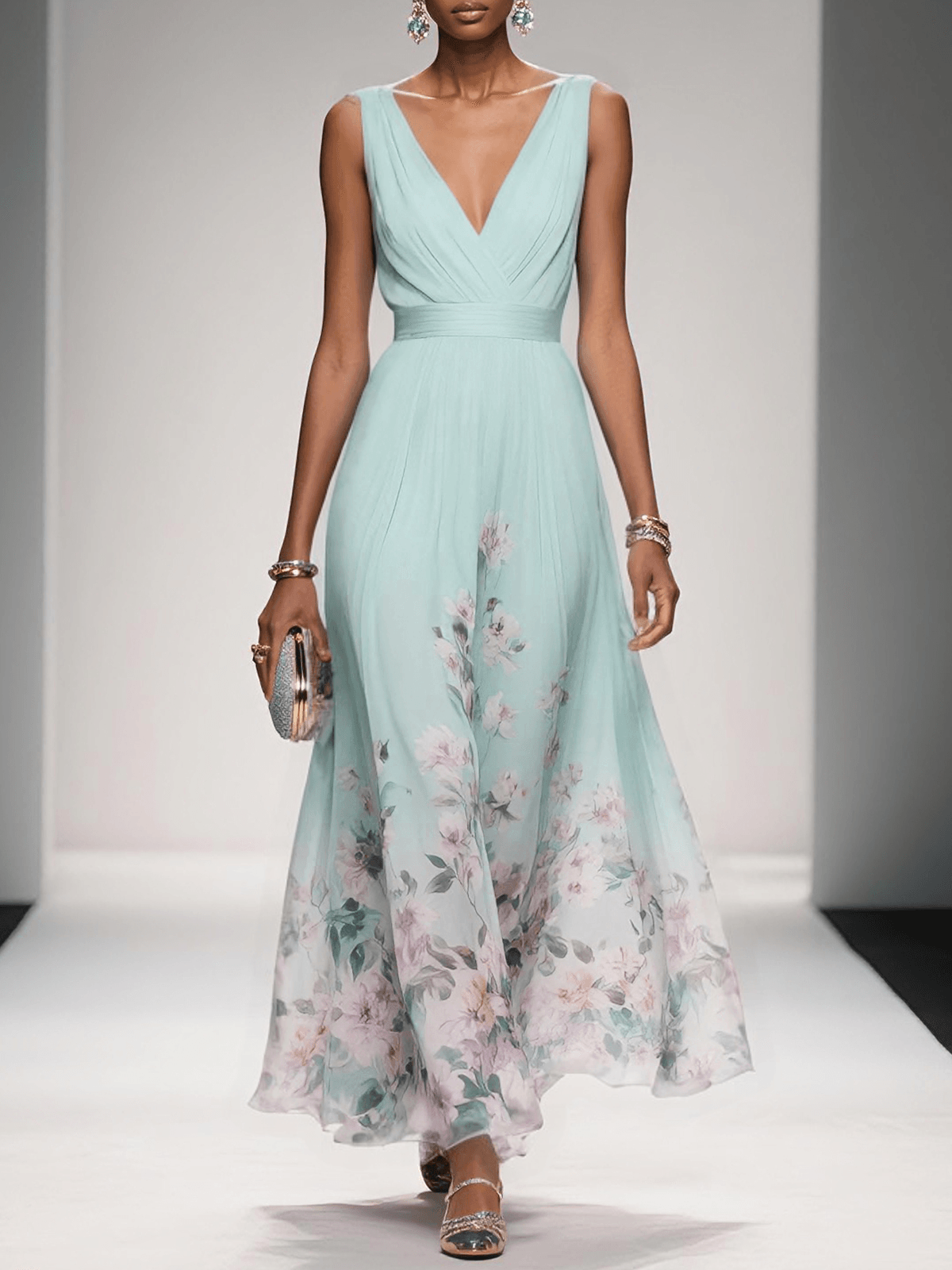 Lucinde | Robe Longue Fleurie Col V pour Mariage Invitée