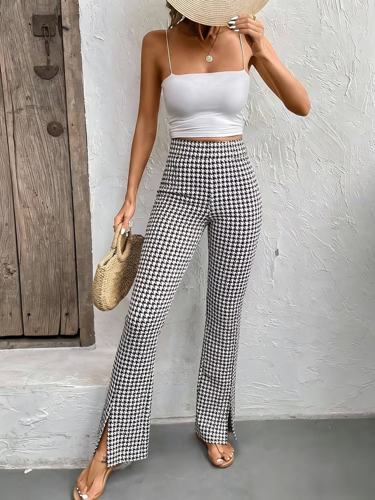 Sabeline | Pantalon Flare à Carreaux Pied-de-Poule