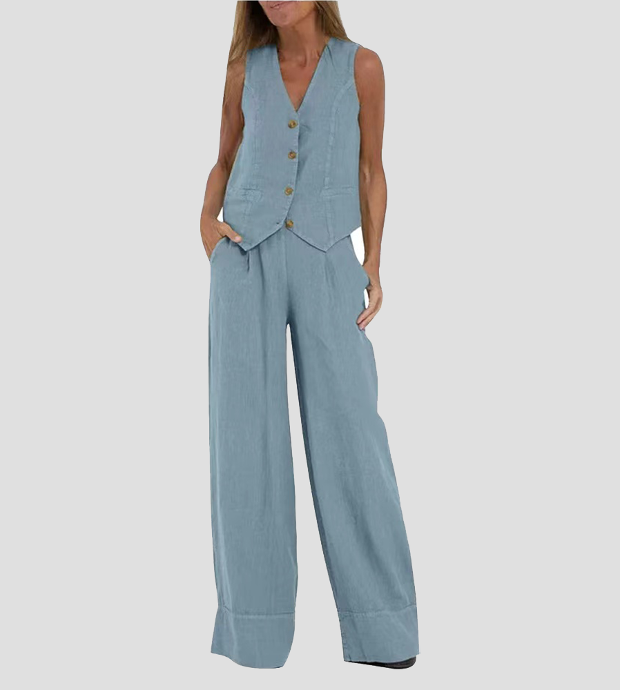 Marceline | Ensemble Lin Gilet Col V Pantalon Large