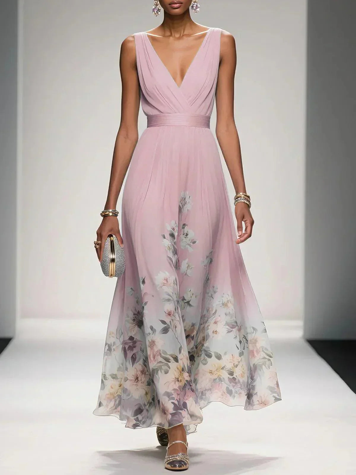 Lucinde | Robe Longue Fleurie Col V pour Mariage Invitée