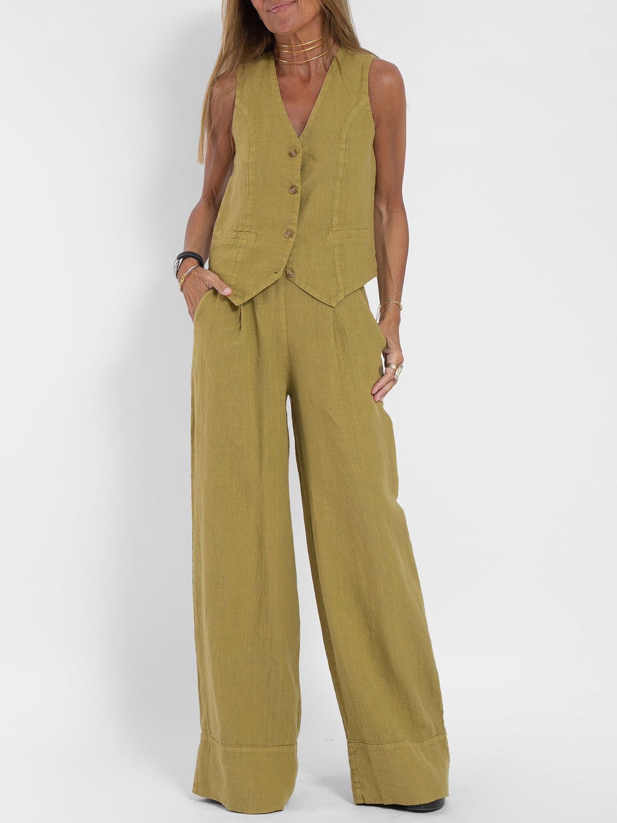 Marceline | Ensemble Lin Gilet Col V Pantalon Large