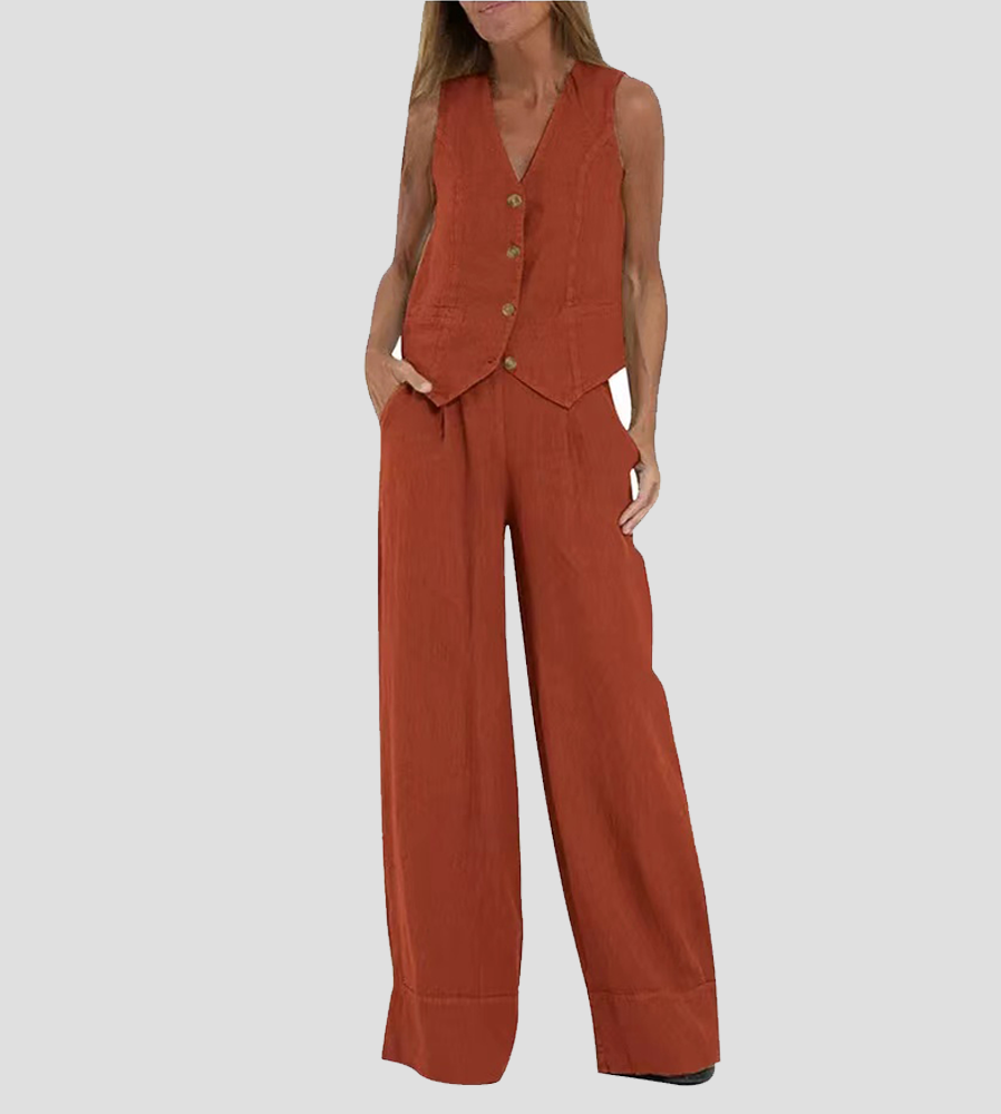 Marceline | Ensemble Lin Gilet Col V Pantalon Large