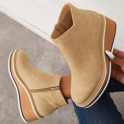 Bottines femme talon compensé stable, enfilage zippé