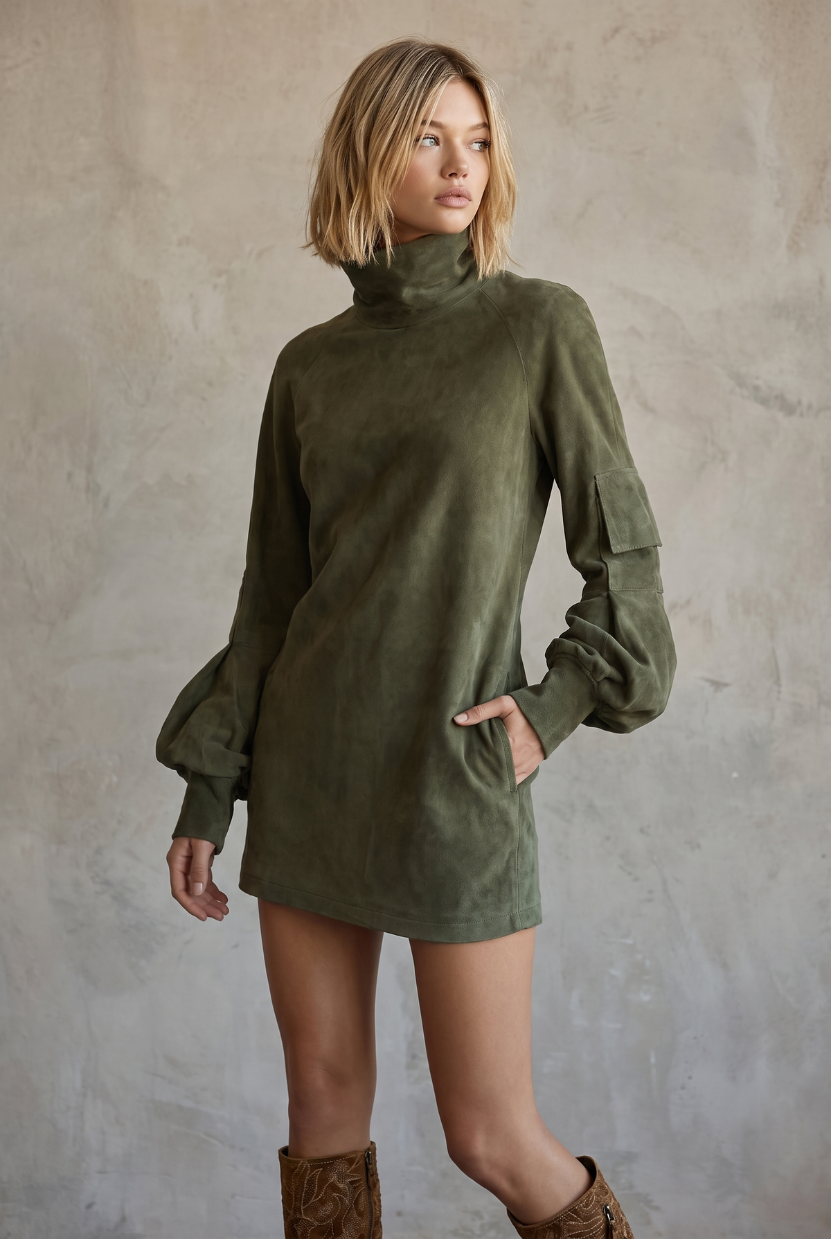 Robe courte effet daim col roulé, vue de dos