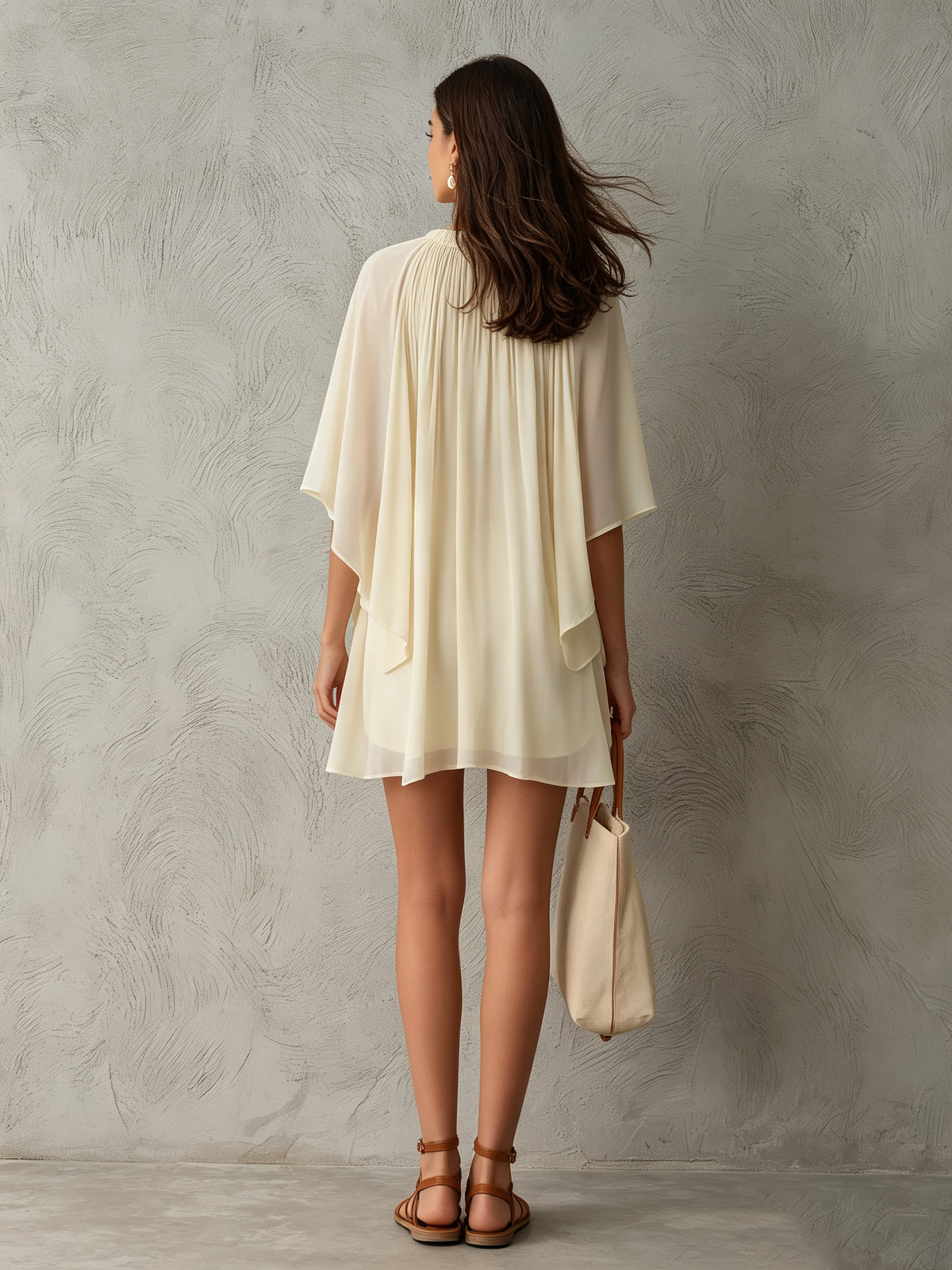 Robe courte beige manches cape portée de face