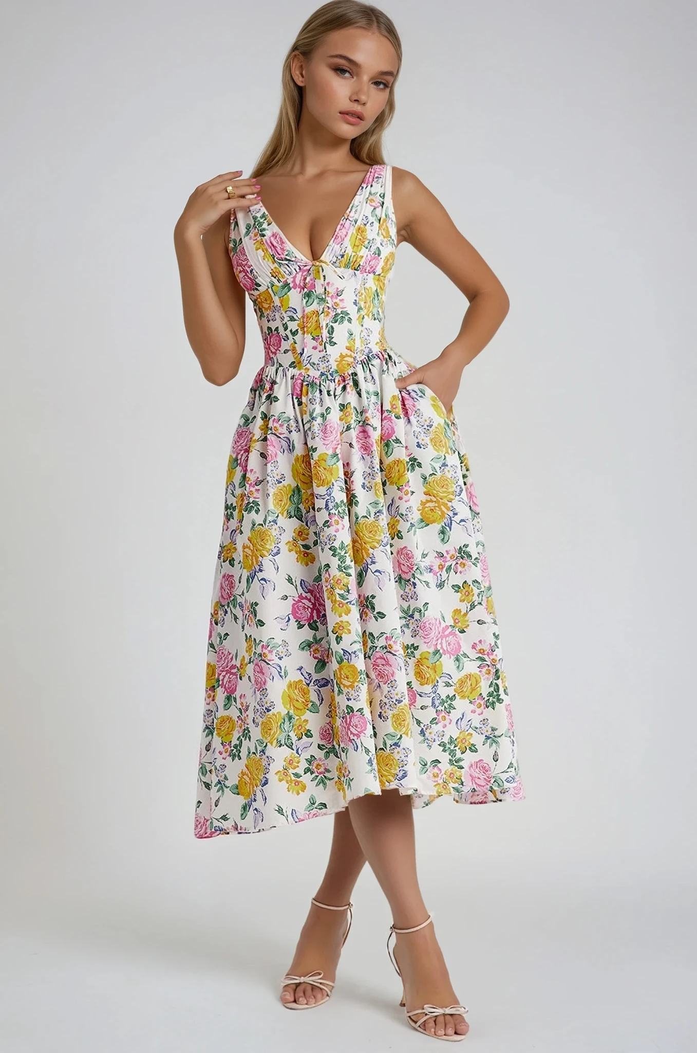 Émeline | Robe Midi Florale Sans Manches