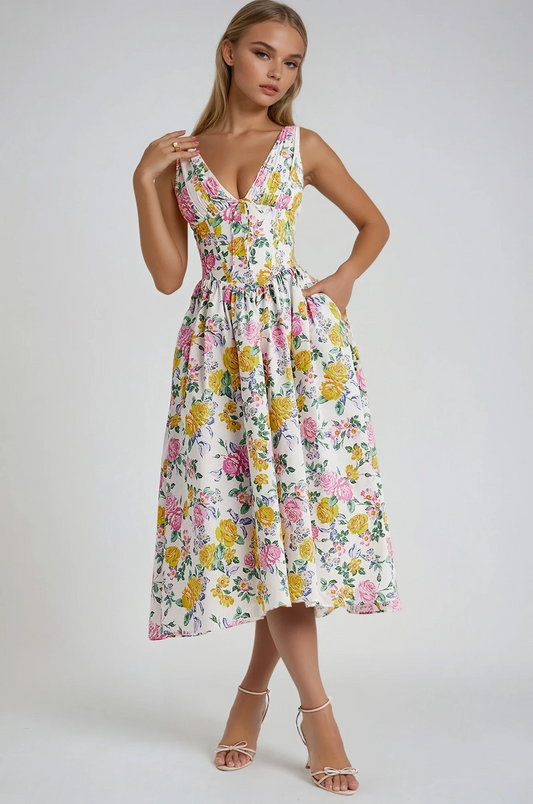 Émeline | Robe Midi Florale Sans Manches