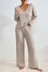Ensemble d'intérieur femme en maille côtelée, haut et pantalon